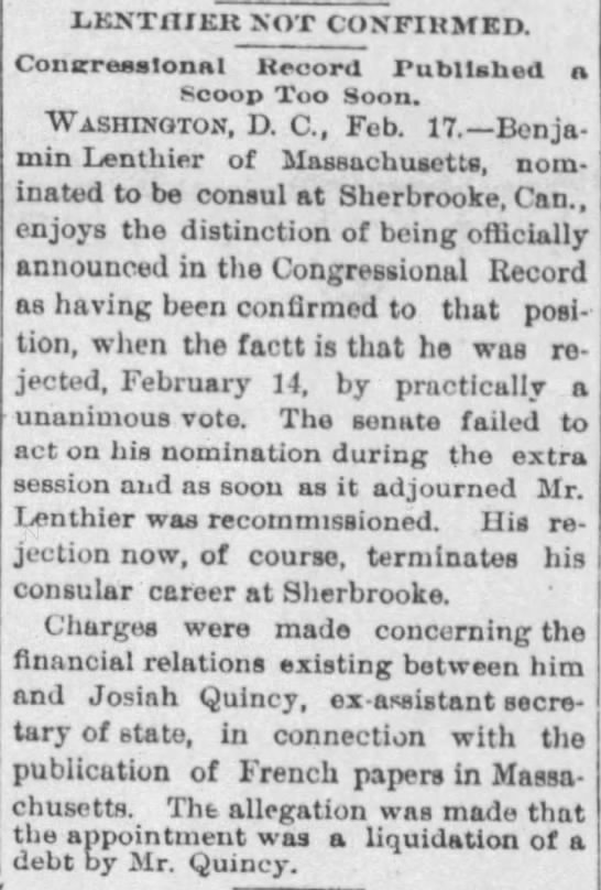 Benjamin Lenthier Consul Sherbrooke Senate Grover Cleveland Patronage Franco-American