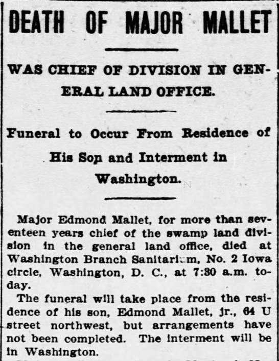 Major Edmond Mallet Death 1907 Franco-Americans