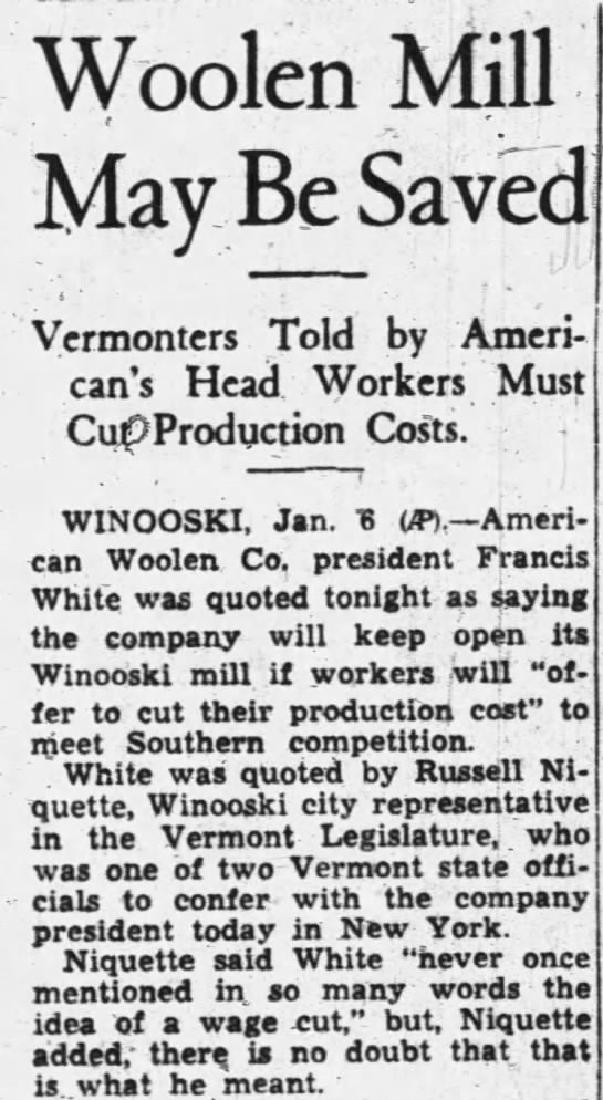 Franco-American Documents Winooski Vermont Mills Textile Factories