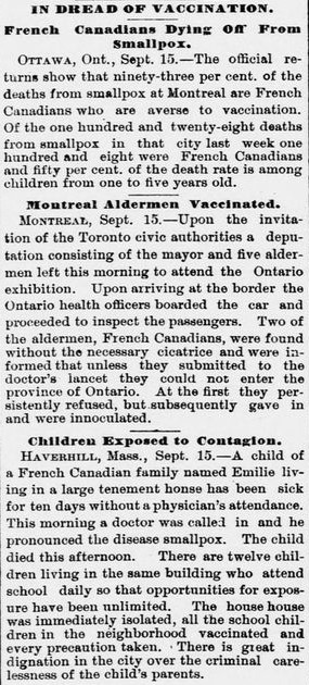 1885 Montreal smallpox epidemic French Canadians variole petite verole