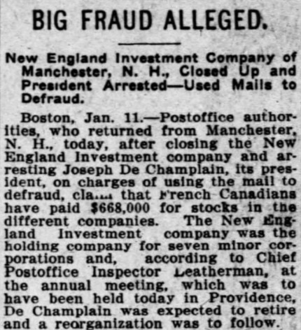 Joseph de Champlain New England Investment Company fraud Franco-Americans