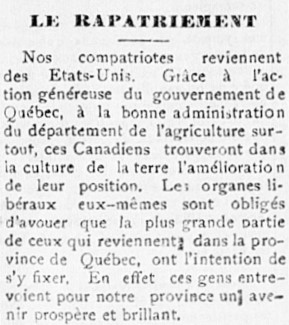 Repatriation Chicago convention Quebec Franco-Americans
