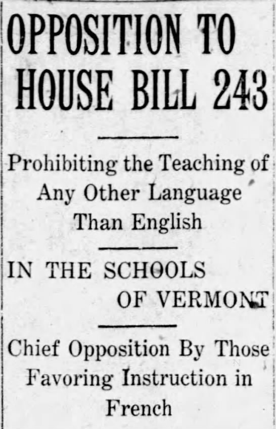 French Canadians in Vermont 1920s nativism English education