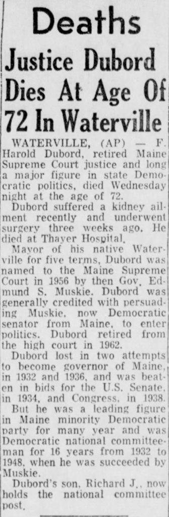 Harold Dubord Waterville Maine Franco-American Democratic candidate governor senator