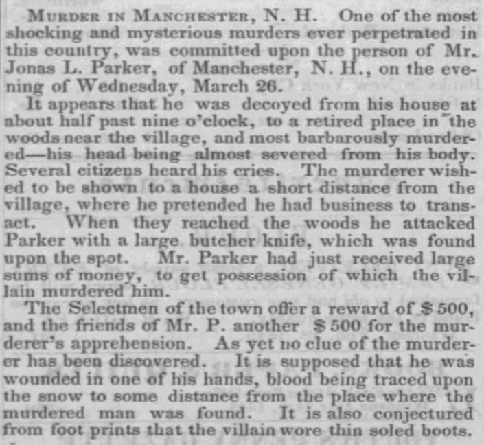 Jonas Parker murder Manchester New Hampshire 1845