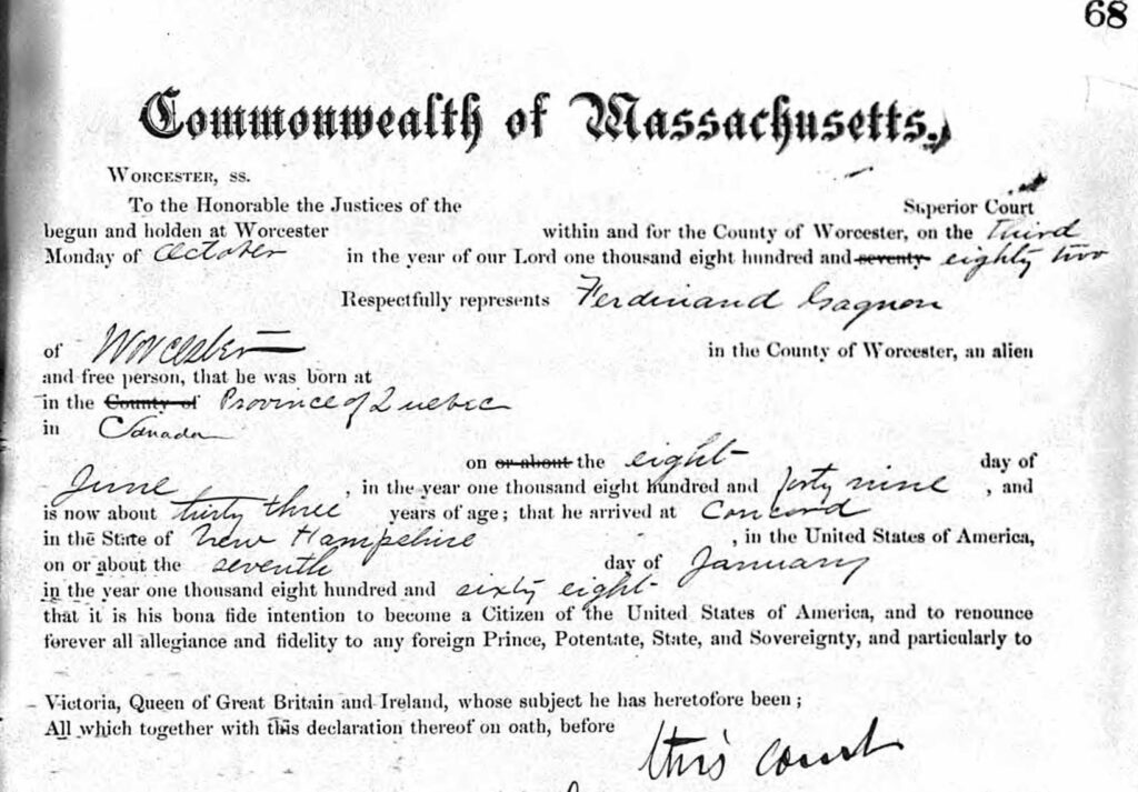 Ferdinand Gagnon naturalization Franco-Americans Massachusetts