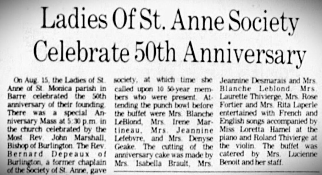 Barre Vermont Ladies of St. Anne society history Franco-American women