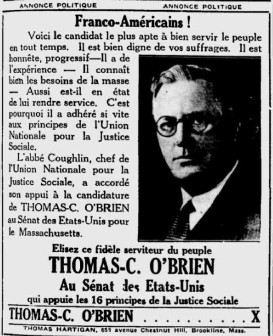 Charles Coughlin Thomas O'Brien Franklin Roosevelt Le Travailleur Franco-Americans 1936