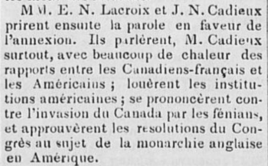 French-language article relating Lacroix's and Cadieux's favorable view of annexation
