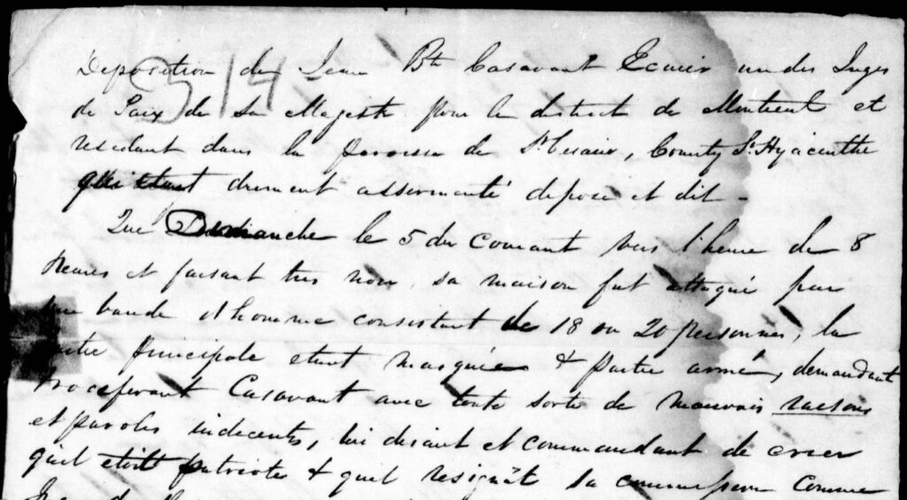 Excerpt in French of Déposition de Jean-Baptiste Casavant, de Saint-Césaire, from 1837