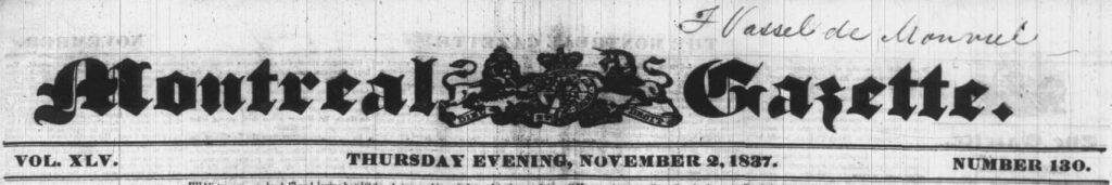 Montreal Gazette banner for November 2, 1837