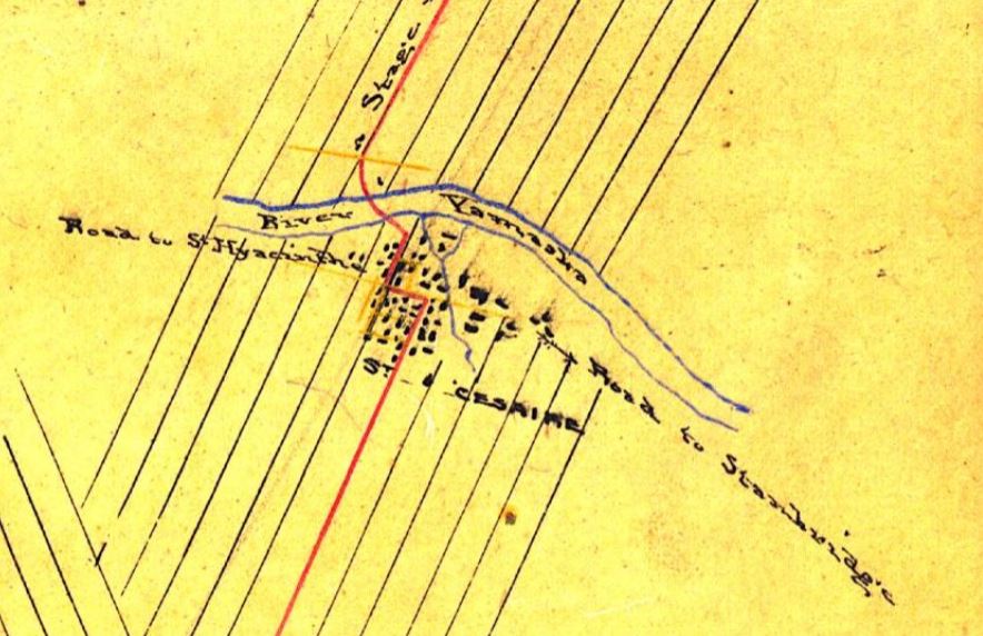 Plan of the Eastern Township Main Road from Chambly to Granby showing dwellings and the Yamaska River around Saint-Césaire, from 1845