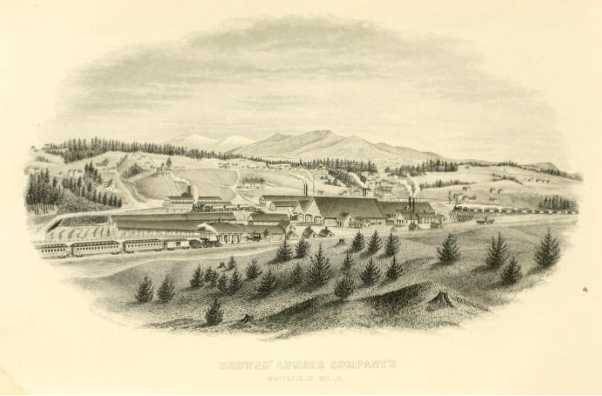 Sketch from an antiquarian book showing mill buildings in Whitefield, New Hampshire