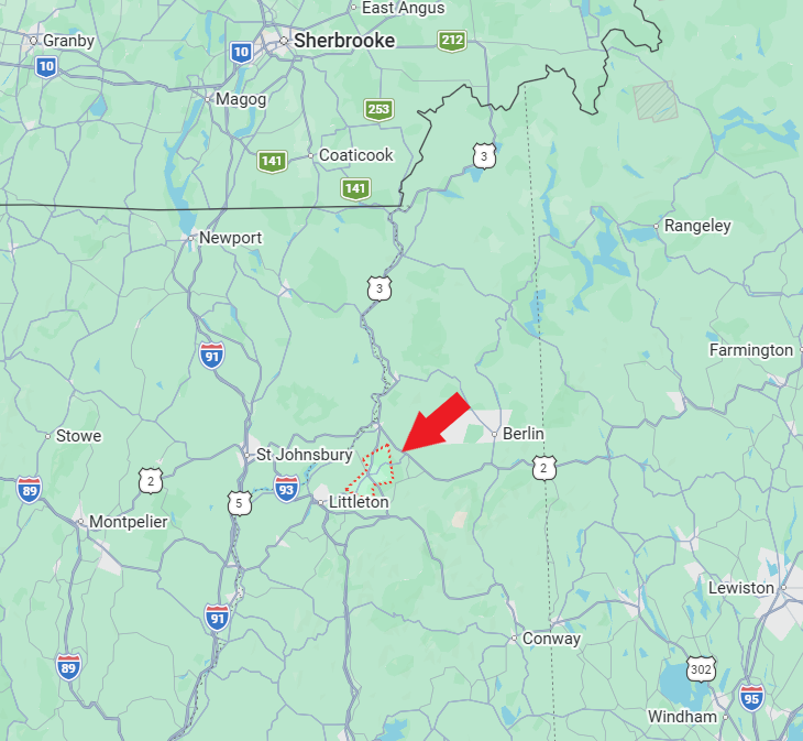 Map representing northern New Hampshire and neighboring regions, with an arrow pointing to Whitefield