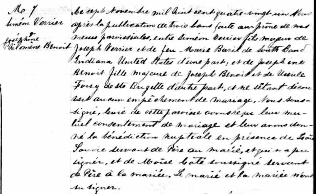 French-language parish record showing the marriage of Siméon Verrier and Joséphine Philomène (or Anastasie) Benoît